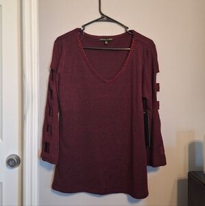 Always Indigo Women's Burgundy V-Neck Sweater W/ Cutout Sleeves